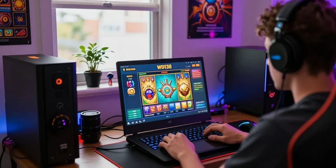 Intense gamer enjoying colorful online slot games on wd138 platform in a vibrant gaming setup.