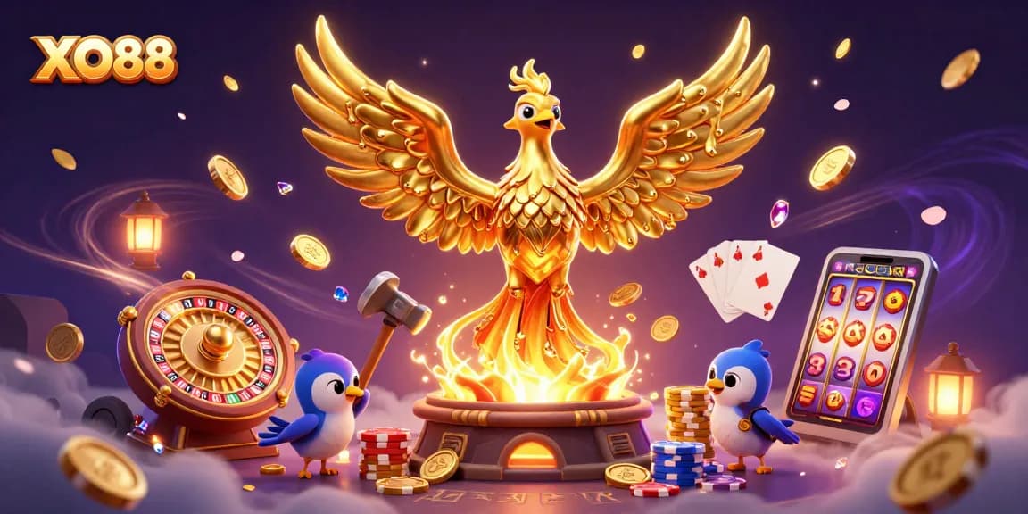 Experience excitement and winning potential with XO88 in a vibrant 3D casino scene.