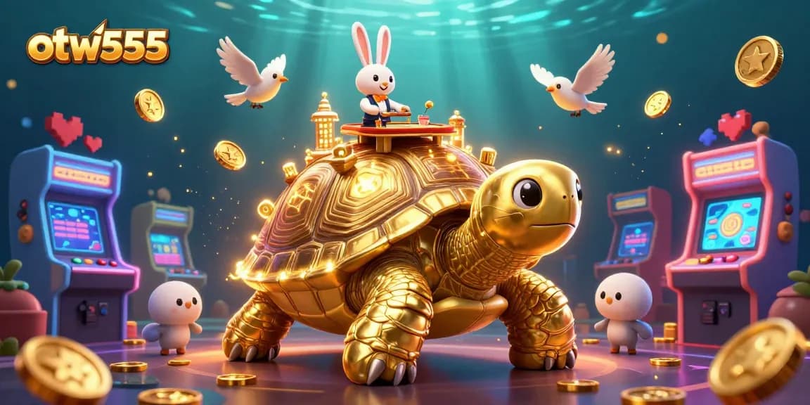 Play and win at otw555 with a vibrant casino scene featuring a golden tortoise and rabbit dealer.