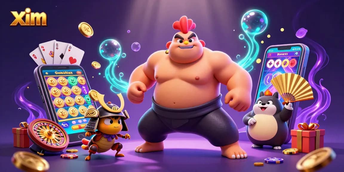 Engage in thrilling gameplay at xim with a 3D sumo wrestler and samurai cricket amidst vibrant casino elements.