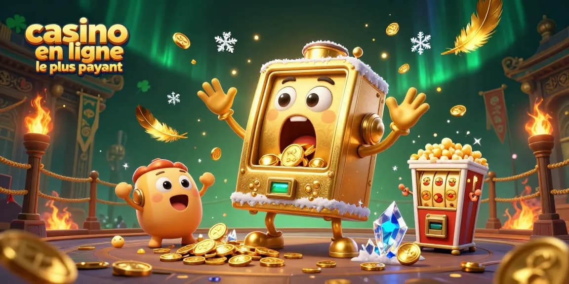 Jouez au casino en ligne le plus payant avec un machine à sous dorée excitée, découvrant ses gains sous une pluie de pièces d'or.