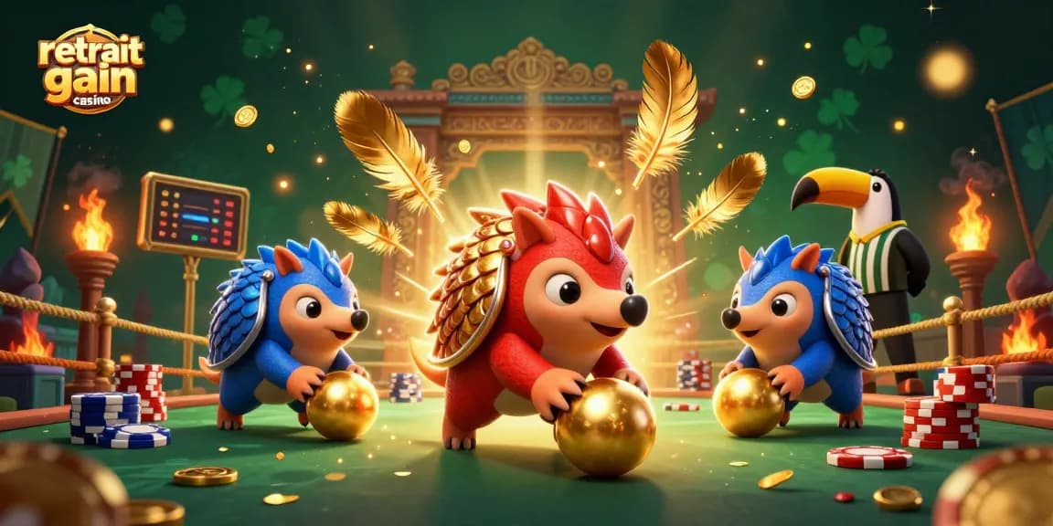 Retrait gain casino : affrontement de pangolins sur un terrain de jeu captivant rempli de jetons et de pièces d'or.