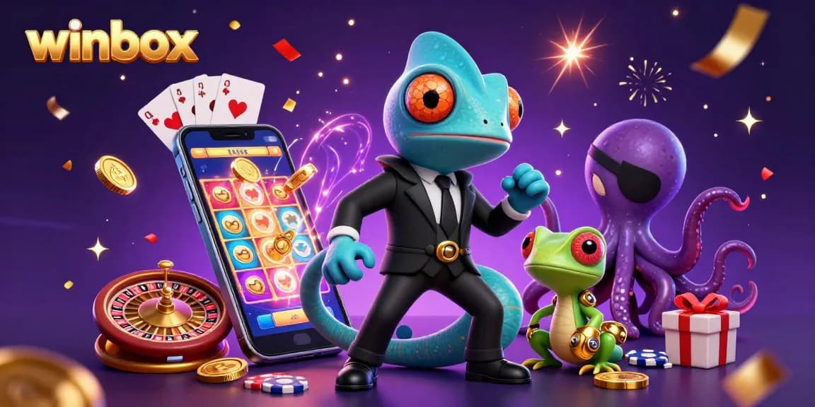 Winbox captivates players with colorful slot games and dynamic characters in an enthralling casino scene.