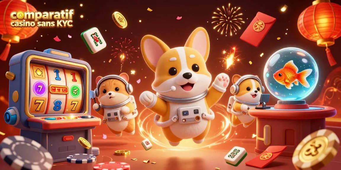 Comparatif casino sans KYC : illustration d'un corgi astronaute dans un casino spatial.