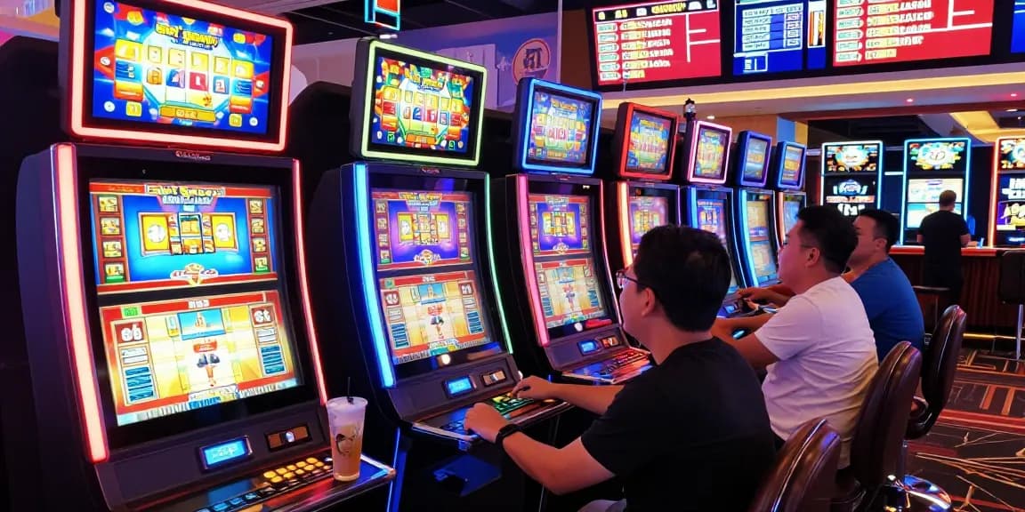 Exciting gaming floor scene featuring a player enjoying slot gacor hari ini with vibrant machines and a lively atmosphere.