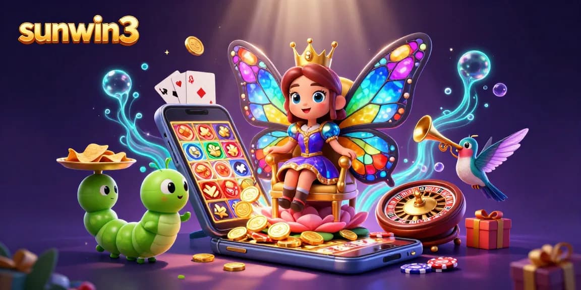 Experience thrilling gameplay at sunwin3 with a vibrant scene of a butterfly queen and casino elements.