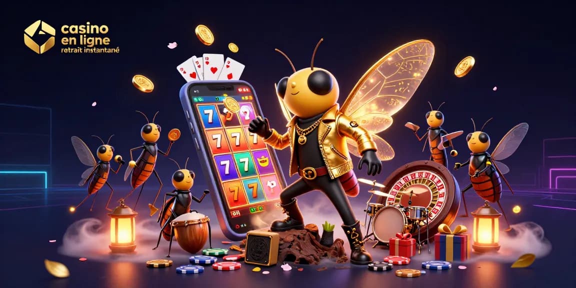 Visuel captivant de casino en ligne retrait instantané avec une rock star et des éléments de jeux d'argent.