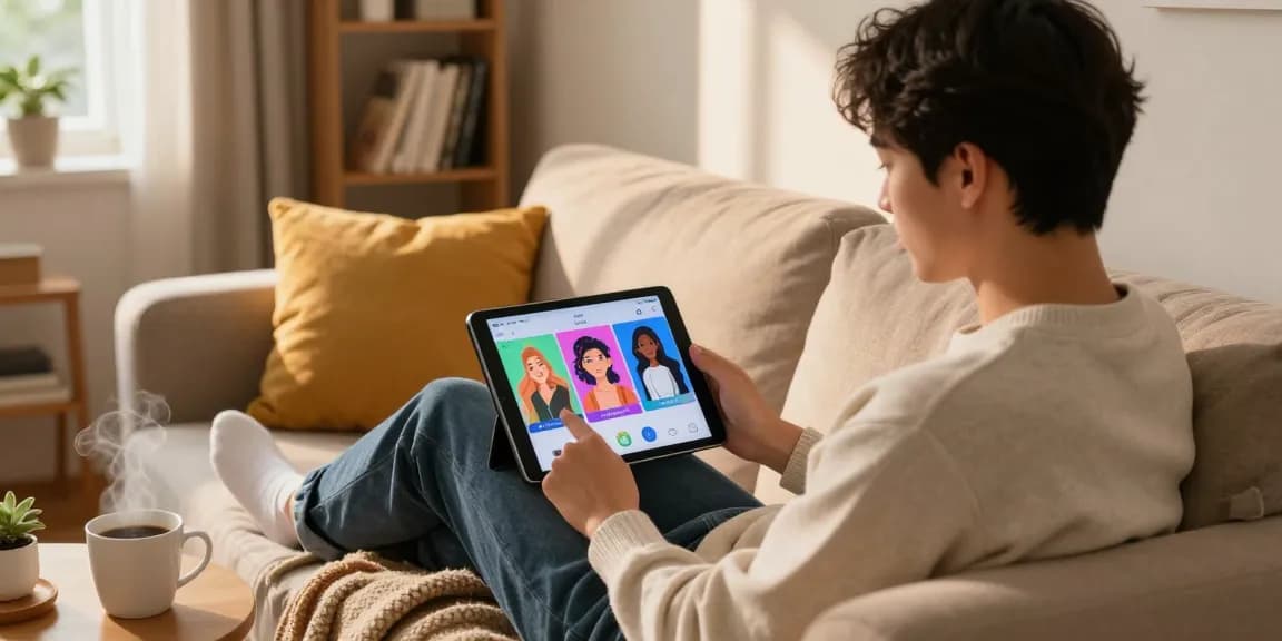 Young adult engaging with an AI girlfriend app in a cozy home setting, showcasing virtual interaction.