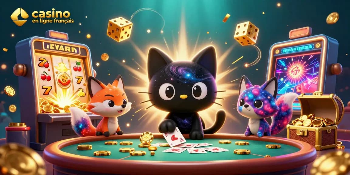 Profitez des jeux sur le casino en ligne français avec une illustration vibrante animée de chance et d'excitation.