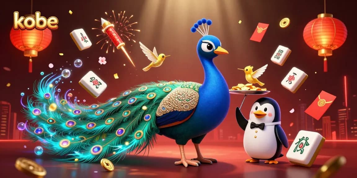 Kobe-themed casino illustration with a peacock, penguin, and hummingbird amongst vibrant gambling elements.