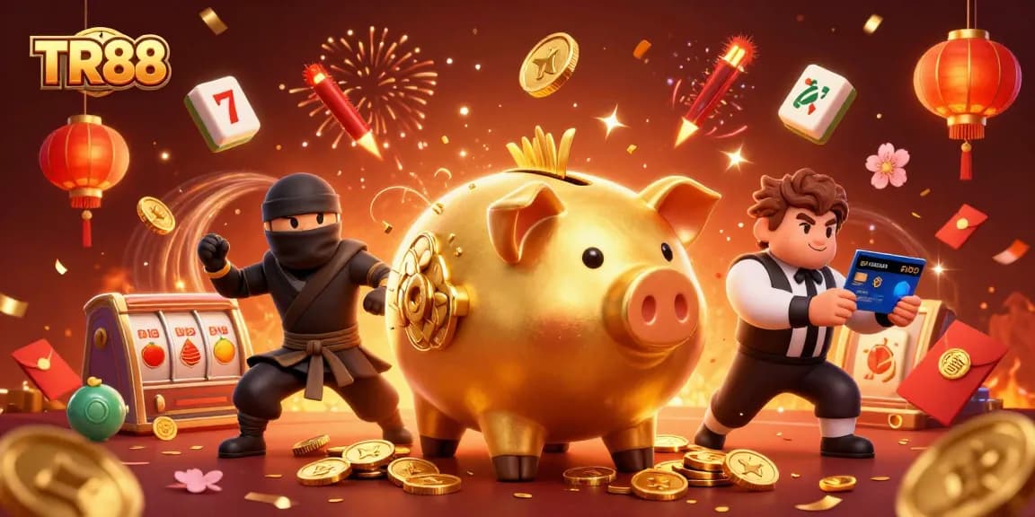 TR88 offers thrilling gameplay with a sumo wrestler piggy bank and vibrant casino elements exploding with excitement.