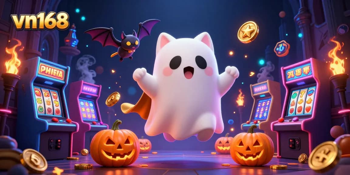 Experience the thrill of vn168 casino with a 3D ghost cat and vampire bat amidst vibrant gaming elements.