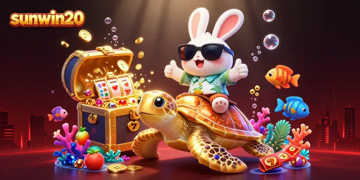 Engage with sunwin20's vibrant casino adventures as the lucky rabbit rides a golden turtle amidst sparkling treasures.