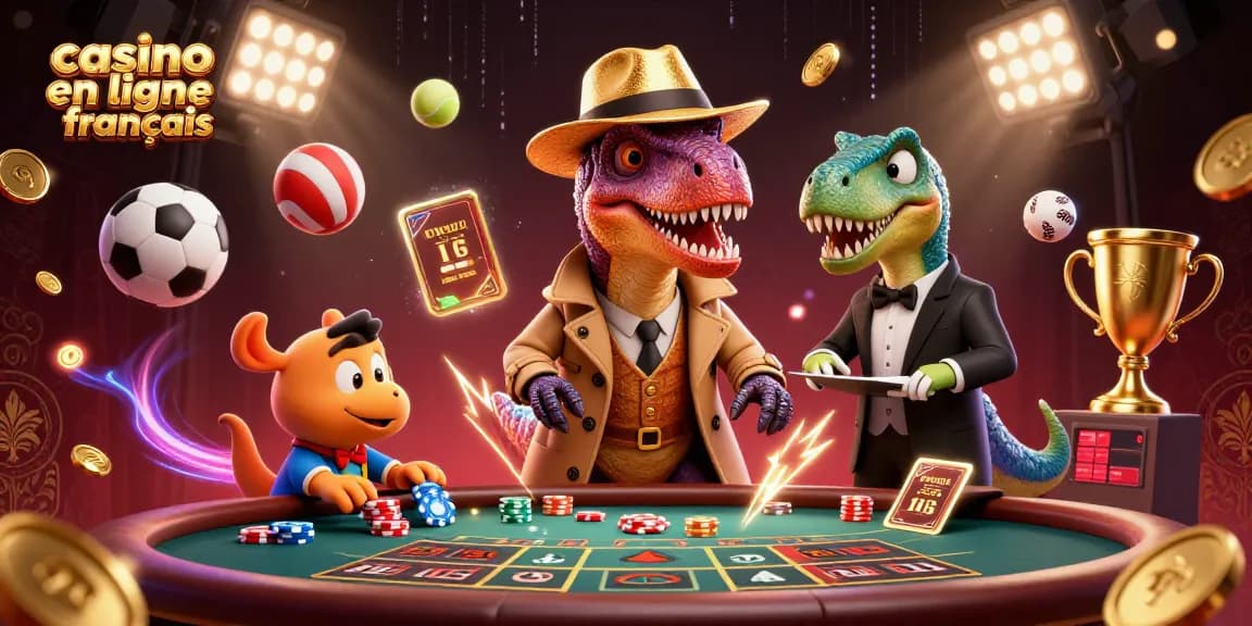 Illustration dynamique d'un casino en ligne français avec des personnages animés sur un tapis de blackjack.