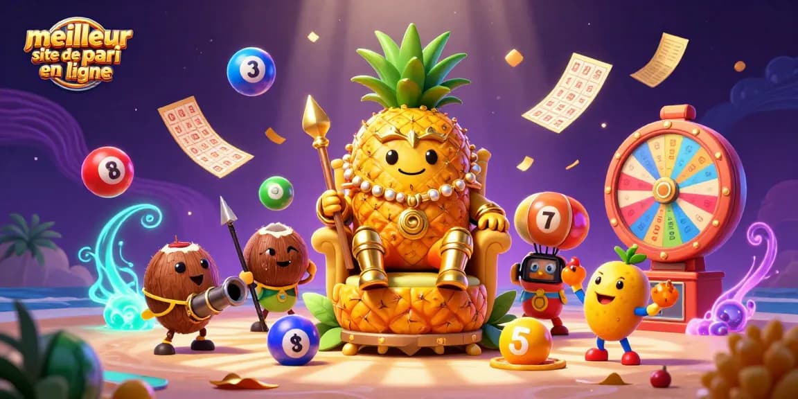 Visualisez le meilleur site de pari en ligne avec le roi ananas et des éléments de loterie captivants.