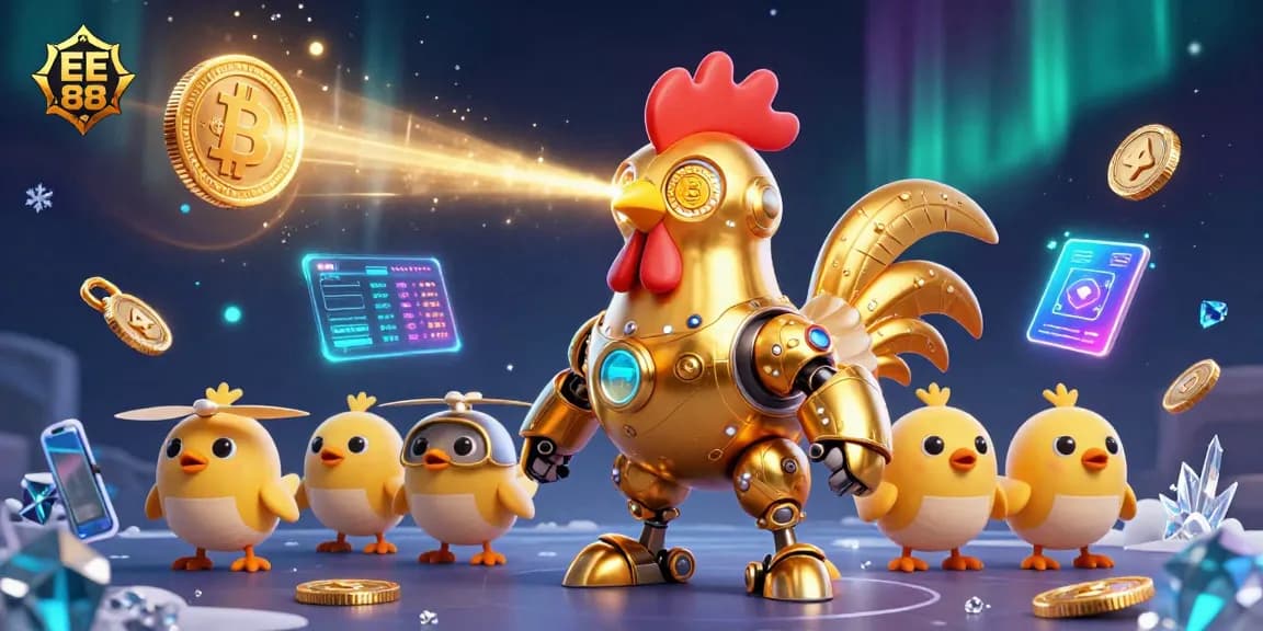 Engage in thrilling gameplay with EE 88's excitement, featuring a 3D golden rooster amidst crypto elements.