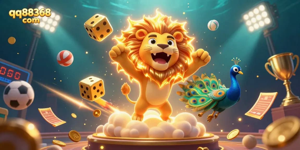 Engage with exciting gaming adventures at qq88368 com, showcasing a vibrant 3D casino scene with characters and sports elements.