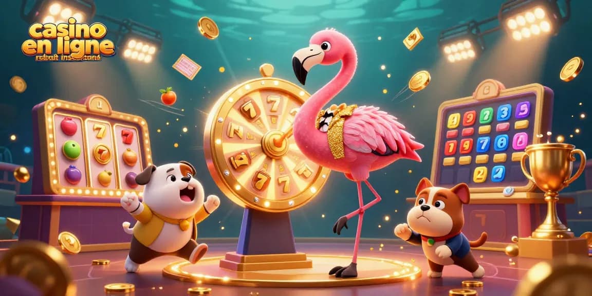 Visualisez le monde dynamique du casino en ligne retrait instantané avec un animateur et des personnages joyeux.