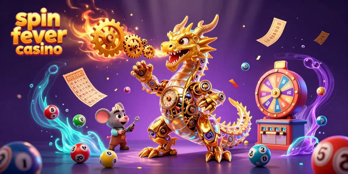 Experience the thrill at spin fever casino with a vibrant 3D illustration of a golden dragon and exciting game elements.