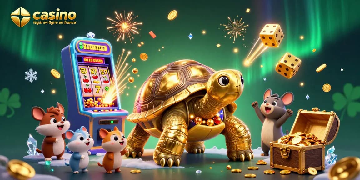 Jouer et gagner sur un casino légal en ligne en France avec une tortue en or comme machine à pinball et des jeux colorés.