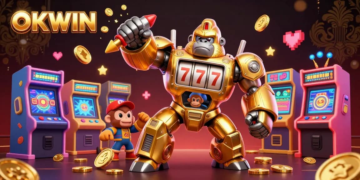 Experience OKWIN gaming excitement with a dynamic 3D casino-themed digital illustration filled with vibrant elements.