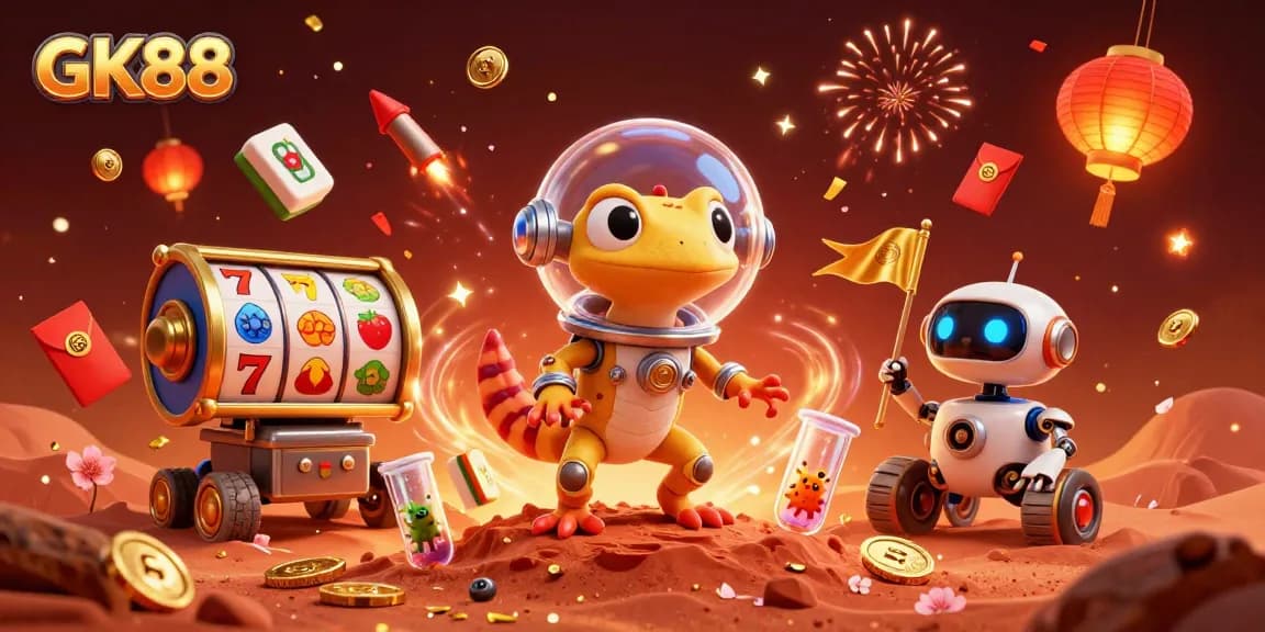 Explore GK88's vibrant casino universe with Martian gecko and golden slot reels.
