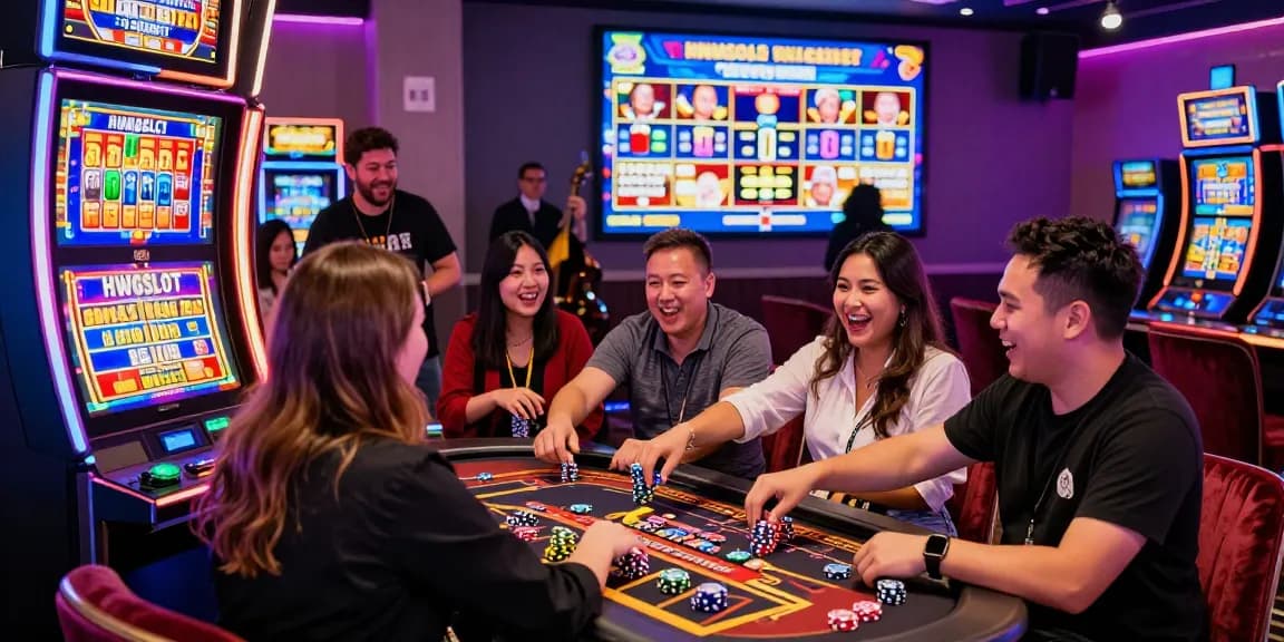 Exciting HWGSLOT gaming scene with diverse players celebrating wins at a brightly lit casino slot machine.