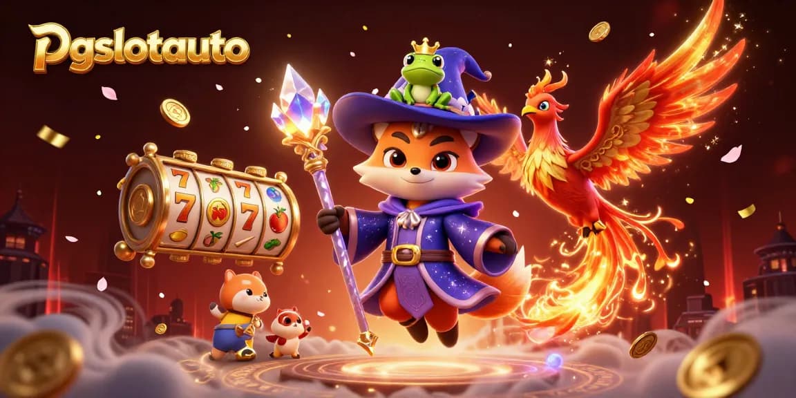 Spin the reels of pgslotauto with a wizard fox, phoenix, and enchanted frog in a vibrant casino scene.