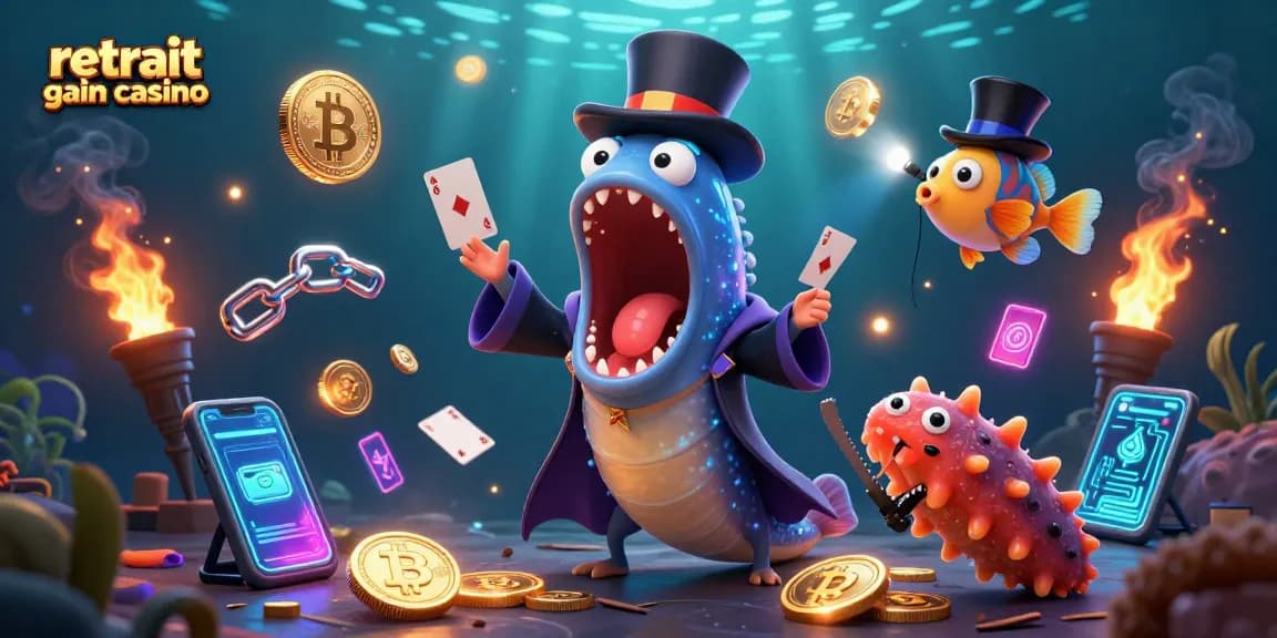 Retrait gain casino illustré avec un poisson lune, une anguillle et une concombressau, entourés de devises cryptographiques