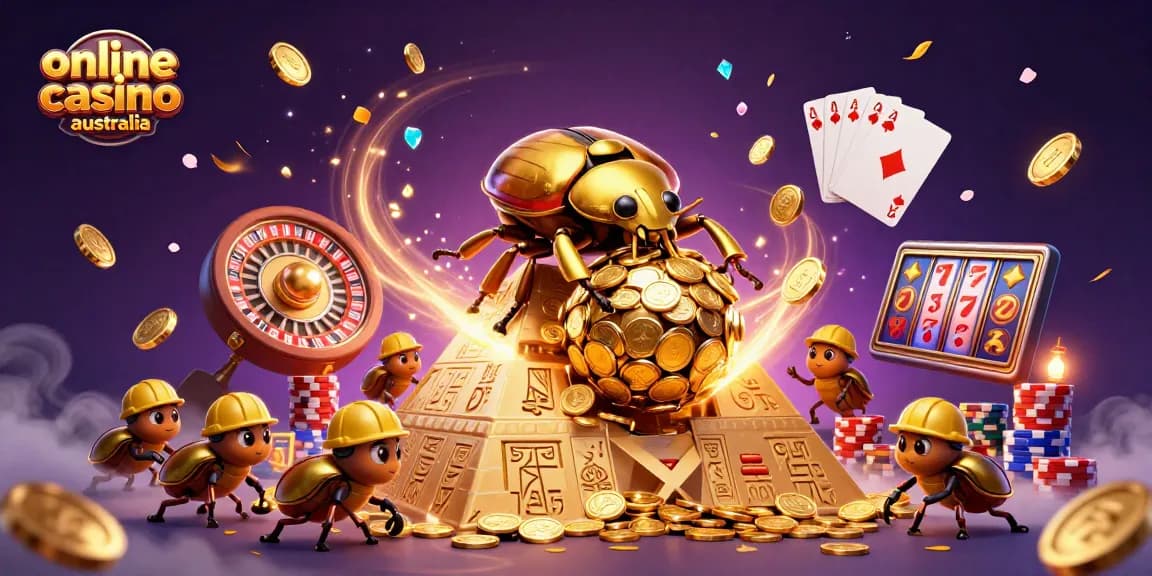 Experience excitement at online casino Australia with a vibrant gold beetle illustration filled with casino elements.