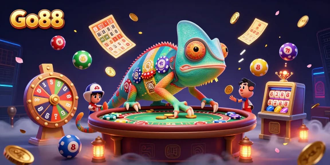 Experience exhilarating winnings at Go88 with vibrant casino elements and a dynamic chameleon owner.