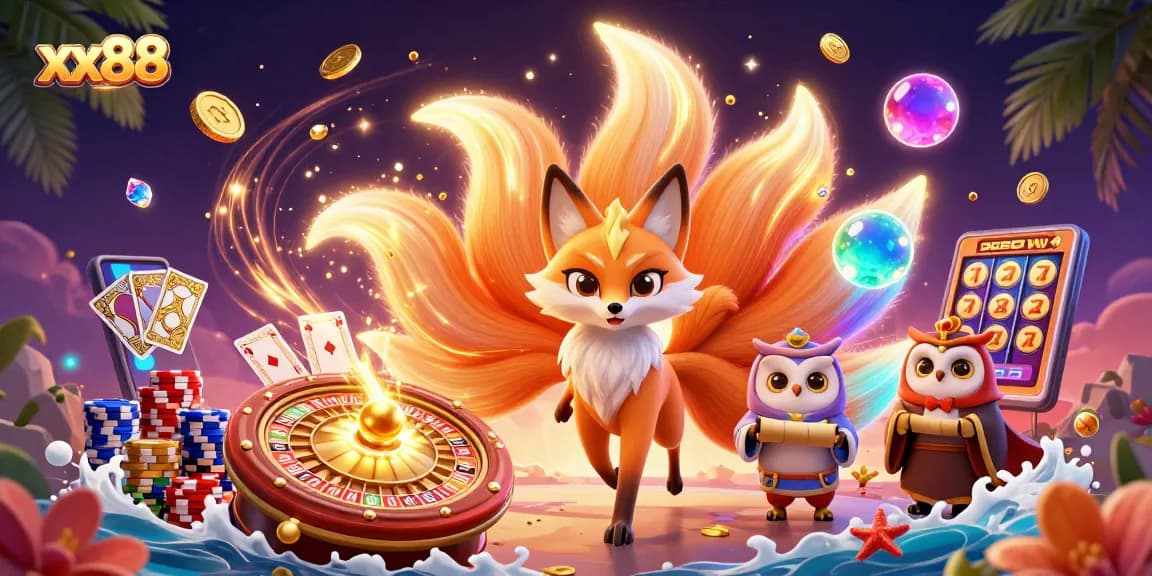 Experience the thrill of xx88 gaming with a vibrant 3D illustration of lucky spirits and casino elements.
