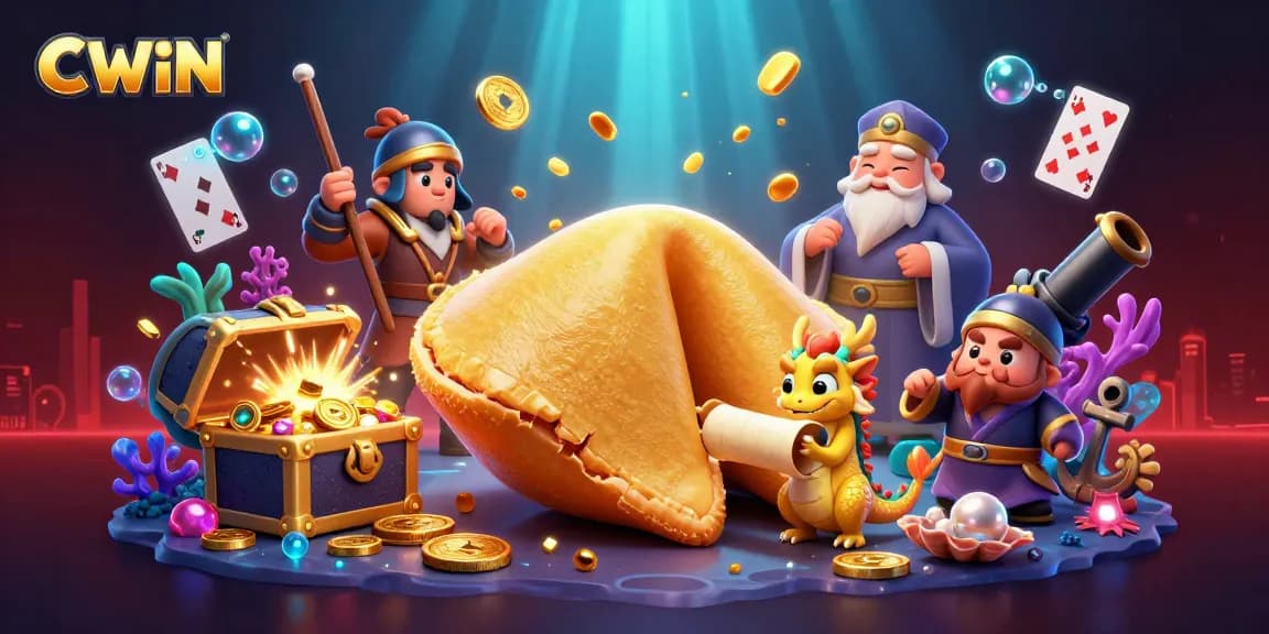 CWIN players dive into exciting games with treasure chests and magical characters in a vibrant casino scene.