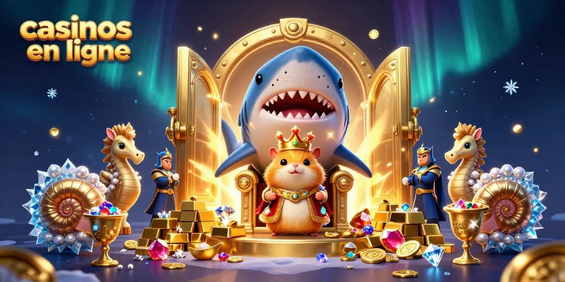 Jouer aux casinos en ligne avec le roi hamster à la cour du trésor, entouré de richesses.