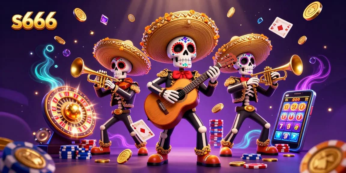 Experience the thrill at s666 with vibrant Mariachi skeletons celebrating, surrounded by cascading casino riches.