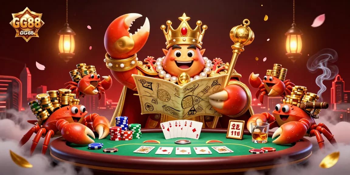 Experience big wins at GG88 with our colorful 3D depiction of a treasure-hunting crab emperor and poker excitement.