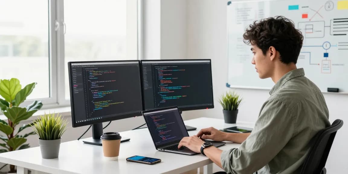 Engineer utilizing rtischeduler in a modern office workspace, showcasing productivity and coding techniques.