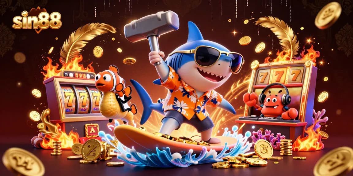 Exciting sin88 online gaming experience featuring a cartoon hammer-head shark surfing on gold coins.