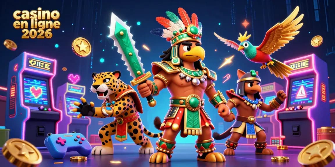 Illustration captivante d'un casino en ligne 2026 avec guerriers Aztèques et machines de jeu dynamiques.