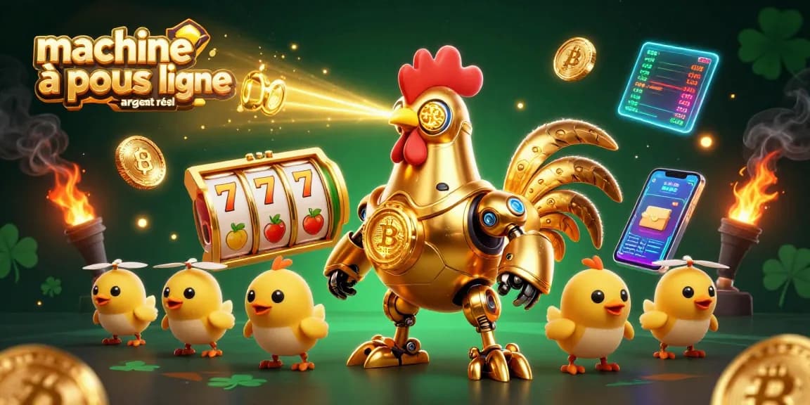 Jouez à des machines à sous en ligne argent réel avec un robot en or futuriste et des jetons Bitcoin.