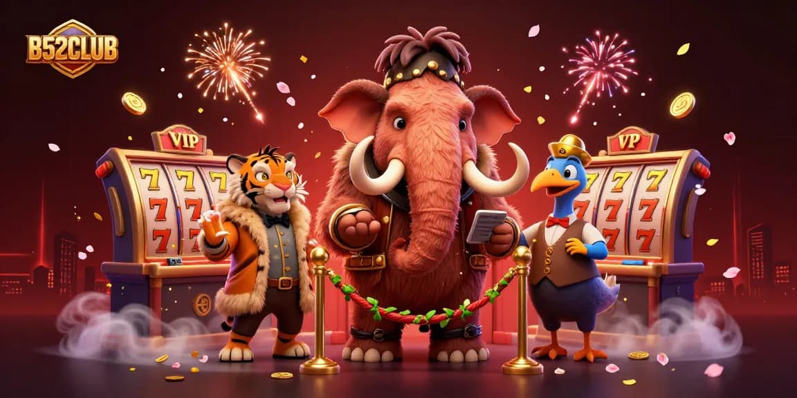 B52CLUB showcases a dynamic slot scene with a woolly mammoth bouncer and festive elements.