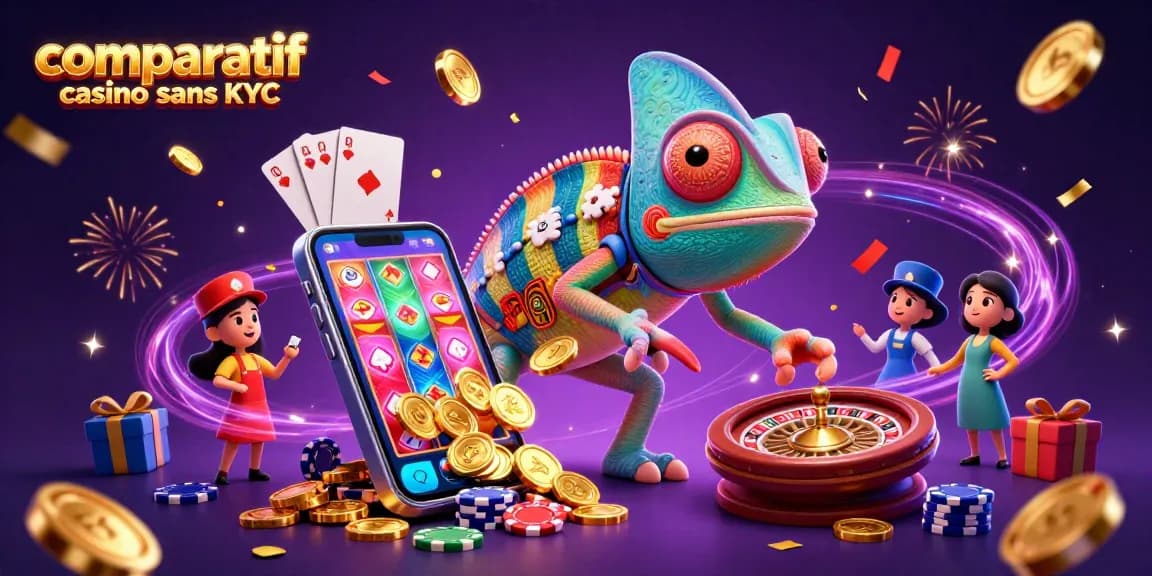 Comparatif casino sans KYC : illustration dynamique d'un propriétaire de casino et jeux colorés.