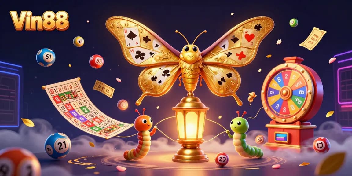 Win with Vin88 in an immersive 3D casino scene filled with vibrant gaming elements