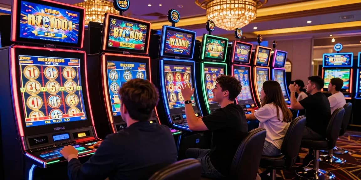 Slot gacor di kasino modern dengan pemain merayakan kemenangan dan tampilan grafis yang berwarna-warni.