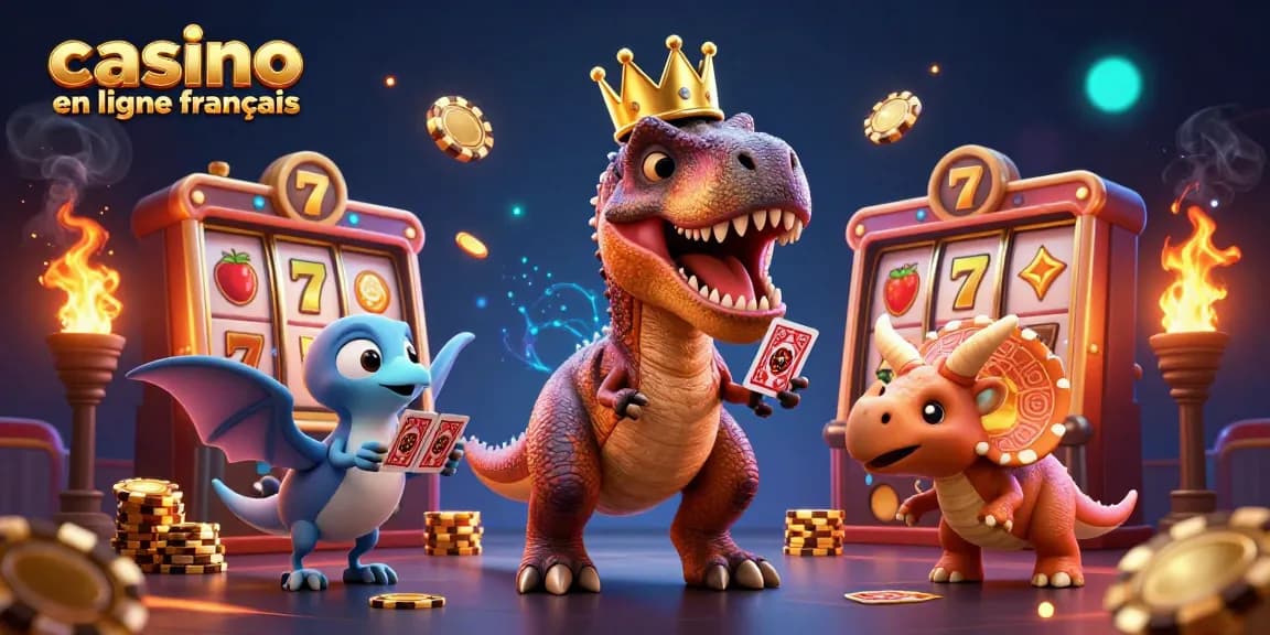 Le T-Rex essaye de jouer avec des cartes au milieu d'une scène dynamique de casino en ligne français.