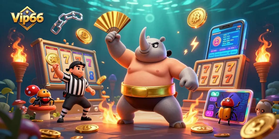 Experience thrilling games at Vip66 with a 3D illustration of a sumo beetle champion and slot machines.