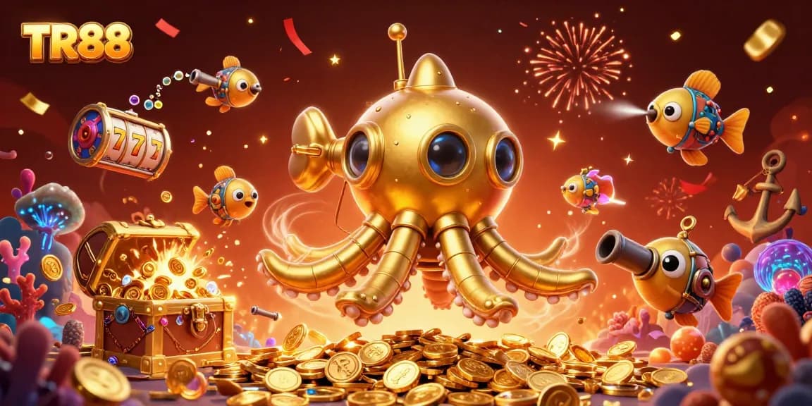 Spin and win big at TR88 with a golden kraken submarine amid a treasure-filled sea.