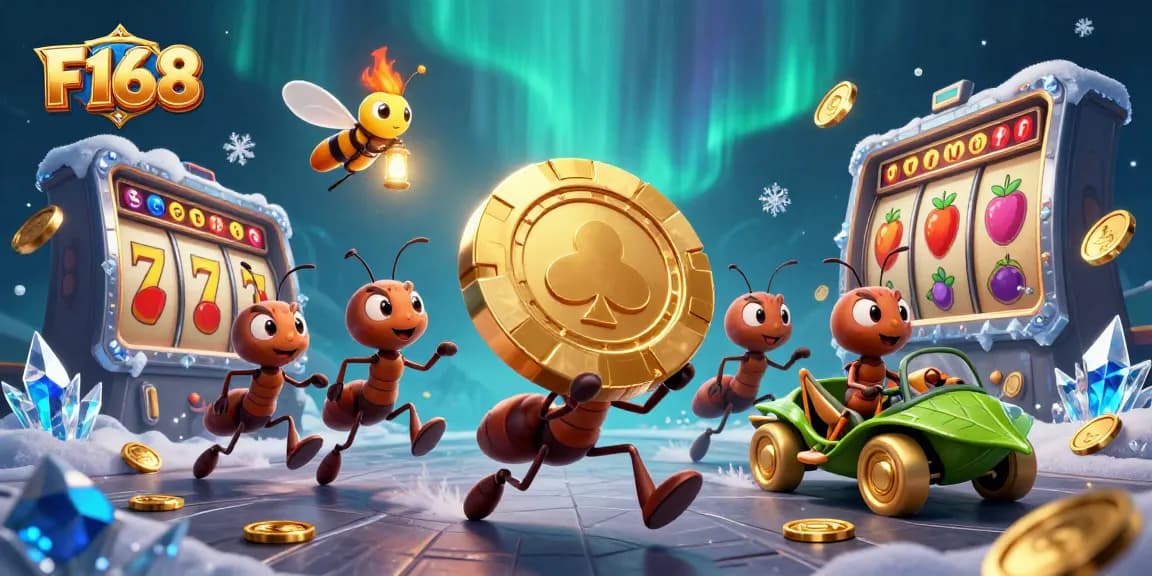 F168 ants planning a casino heist with golden poker chips and vibrant slot elements.