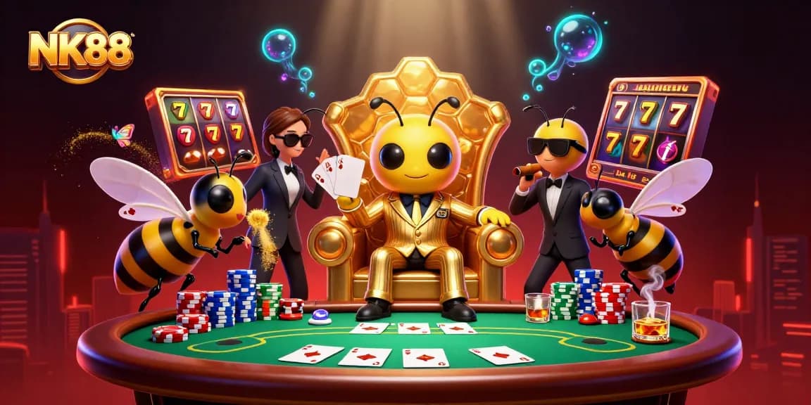 Experience excitement with NK88 as the bumblebee mob boss leads a vibrant casino scene packed with poker elements.
