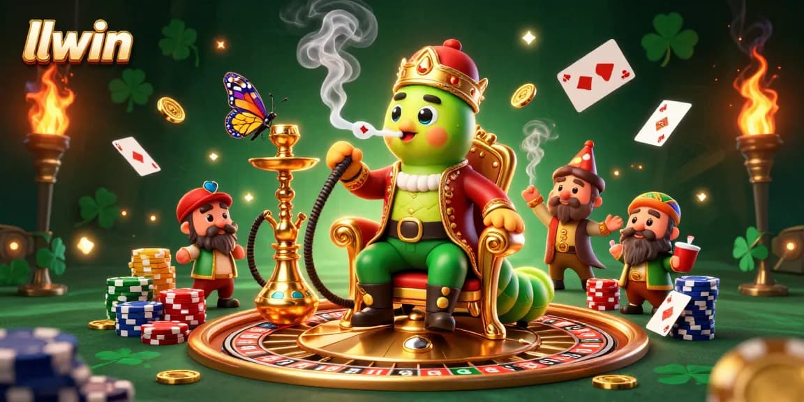 Engage with llwin's vibrant poker scene featuring the caterpillar master on a golden throne.
